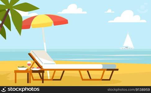 Beach scenery with beach umbrella, sun lounger, cocktail table. Cartoon flat style isolated holiday landscape. Tropical palm and yacht in sea, summertime vacation panorama. Vector seascape concept. Beach scenery with beach umbrella, sun lounger, cocktail table. Cartoon flat style isolated holiday landscape. Tropical palm and yacht in sea, vacation panorama. Vector seascape concept