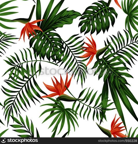 Beach seamless pattern wallpaper of tropical green leaves of palm trees and flowers bird of paradise (strelitzia) on a white background