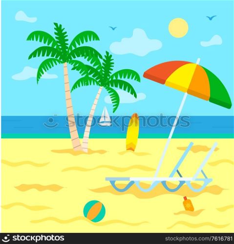 Beach seascape vector, coast with palm tree branches. Umbrella and chaise longue for tourists, surfing board, inflatable balloon ball and sun lotion. Tourism Summer Vacation, Beach with Palm Trees
