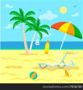 Beach seascape vector, coast with palm tree branches. Umbrella and chaise longue for tourists, surfing board, inflatable balloon ball and sun lotion. Tourism Summer Vacation, Beach with Palm Trees