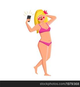 beach selfie young girl. summer sea beach selfie. vacation holiday. smile female. cute tourist. voyage lady travel. vector character flat cartoon Illustration. beach summer sea selfie vector