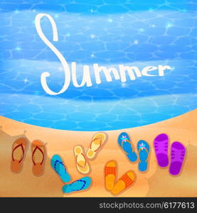 Beach shoes on the beach. Vector sunny beach with shoes. Illustration of beach Flip-flops on the sand, waves and shadow of an umbrella . Summer travel concept. Design element for the travel agency. Stock vector