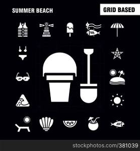 Beach Solid Glyph Icon Pack For Designers And Developers. Icons Of Fish, Sea, Star, Starfish, Coconut, Fruit, Tropical, Beach, Vector
