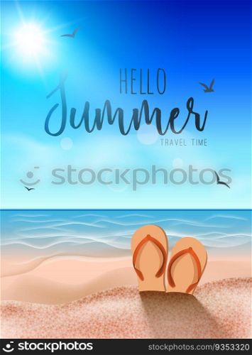 Beach summer background, Sunny sand tropical travel party coast background with slippers on sand.. Beach summer background, Sunny sand tropical travel party coast background with slippers on sand