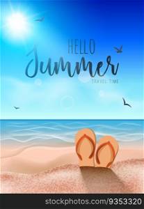 Beach summer background, Sunny sand tropical travel party coast background with slippers on sand.. Beach summer background, Sunny sand tropical travel party coast background with slippers on sand