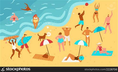 Beach summer holidays people. Sunbathing characters. Men and women in bikinis and swimming trunks. Seashore resort activities. Ocean vacation. Happy persons play with ball and surfing. Vector concept. Beach summer holidays people. Sunbathing characters. Men and women in bikinis and swimming trunks. Seashore activities. Ocean vacation. Persons play with ball and surfing. Vector concept