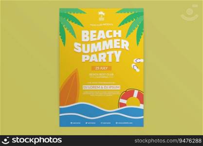 beach summer party flat design flyer on sunny day and sea wave elements background with palm tree lifebuoy surfboard flip flops objects