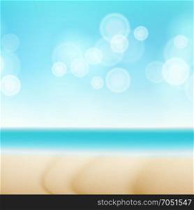 Beach Summer Seaside Vector Background. Bokeh Sky Light Wave. Blue Sky With Copy Space. Tourism Trip Illustration. Beach Tropical Vector. Travel Seaside View Poster. Summer Holiday Vacation Concept. Ocean Illustration