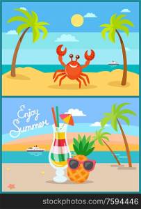 Beach summer vacation or holiday, tropical seaside shore vector. Crab on sand under palms, cocktail with straw and pineapple in sunglasses, yacht in sea. Beach Summer Vacation or Holiday, Seaside Shore