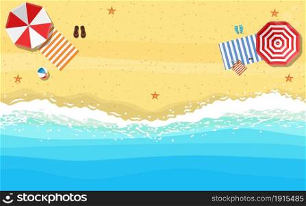 beach sun umbrellas flip-flops and beach Mat on the background of sand near the sea surf with starfish, top view. Vector illustration in flat style. beach sun umbrellas flip-flops and beach