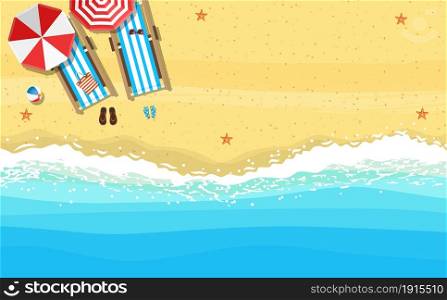 beach sun umbrellas flip-flops and beach Mat on the background of sand near the sea surf with starfish, top view. Vector illustration in flat style. beach sun umbrellas flip-flops and beach