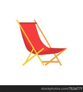 Beach sunbed emblem cartoon isolated vector icon. Empty beach chair, folding seat of wood and tissue, single simple element, side view primitive badge. Beach Sunbed Emblem Cartoon Isolated Vector Icon