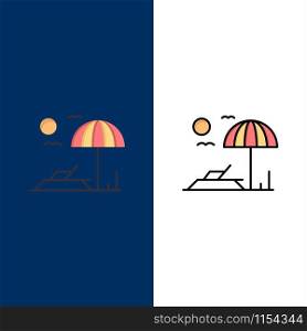 Beach, Sunbed, Vacation Icons. Flat and Line Filled Icon Set Vector Blue Background