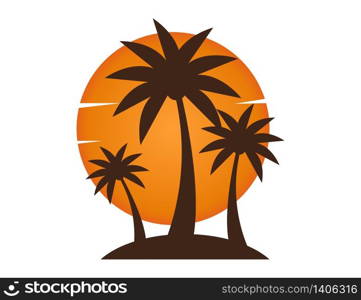 Beach sunset with palm tree and sun. Vacation island illustration in summer evening. Sunset scene. Vector EPS 10