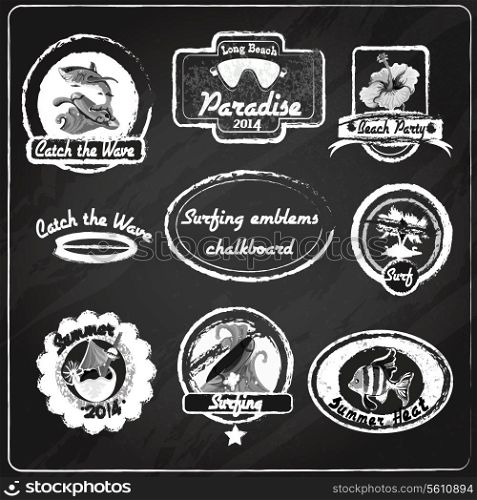 Beach surfing summer beach party chalkboard emblems set isolated vector illustration
