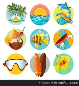 Beach surfing summer decorative icons set isolated vector illustration