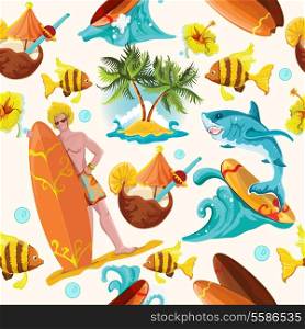 Beach surfing summer seamless background with surfer shark and palm island vector illustration