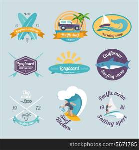 Beach surfing summer yachting labels set isolated vector illustration.