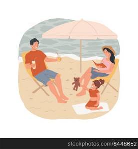 Beach time isolated cartoon vector illustration. Family members sunbathing at the beach, lying on deck chair, mom reading book, summer holiday, enjoying vacation, leisure time vector cartoon.. Beach time isolated cartoon vector illustration.