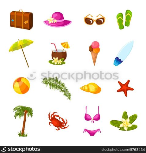 Beach time vacation surf coconut milk holiday paradise weekend bikini party multicolored icons set isolated vector illustration. Beach multicolored icons set
