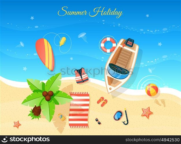 Beach Top View Illustration . Beach and summer holiday top view with boat flat vector illustration