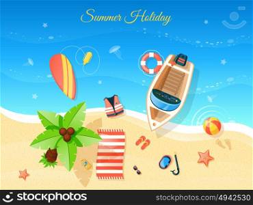 Beach Top View Illustration . Beach and summer holiday top view with boat flat vector illustration