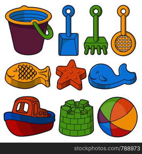 Beach toys icon set. Bucket, fish sand molds, toy shovels, ship and beach ball.