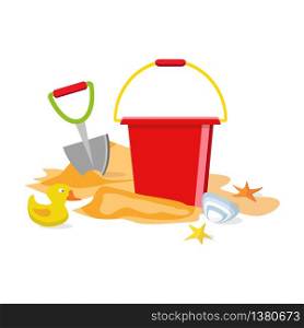 Beach toys isolated. Pail, shovel, starfish, bucket, duckling, shell, sand. Summer time flat design. Vector. Summer time flat design. Vector. Beach toys isolated. Pail, shovel, starfish, bucket, duckling, shell, sand.