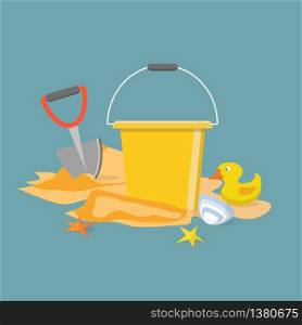 Beach toys isolated. Pail, shovel, starfish, bucket, duckling, shell, sand. Summer time flat design. Vector. Summer time flat design. Vector. Beach toys isolated. Pail, shovel, starfish, bucket, duckling, shell, sand.