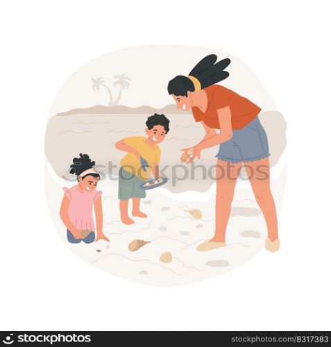 Beach treasure hunt isolated cartoon vector illustration. Beach scavenger hunt, kids and parents collecting shells and rocks, family on holiday, children seaside activity vector cartoon.. Beach treasure hunt isolated cartoon vector illustration.