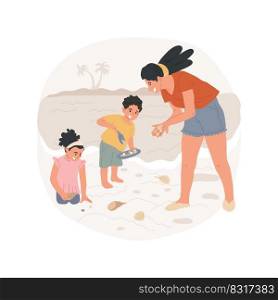 Beach treasure hunt isolated cartoon vector illustration. Beach scavenger hunt, kids and parents collecting shells and rocks, family on holiday, children seaside activity vector cartoon.. Beach treasure hunt isolated cartoon vector illustration.