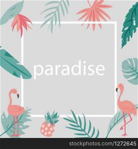 Beach tropical invitation card with flamingosand palm leaves. Beach tropical invitation card with flamingos