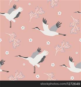 Beach tropical seamless pattern with cranes and Japonic ornament. Beach tropical seamless pattern with cranes