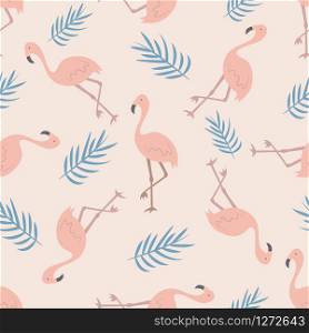 Beach tropical seamless pattern with flamingos and green leaves. Beach tropical seamless pattern with flamingos