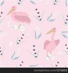 Beach tropical seamless pattern with pelicans and floral ornament. Beach tropical seamless pattern with pelicans
