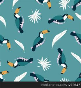 Beach tropical seamless pattern with toucans and palm leaves
