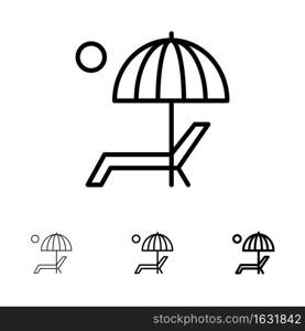 Beach, Umbrella, Bench, Enjoy, Summer Bold and thin black line icon set