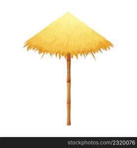 Beach umbrella from straw and bamboo in cartoon style isolated on white background. Hawaiian tiki parasol, sunshade equipment. Hotel, sea tropical decoration. Vector illustration