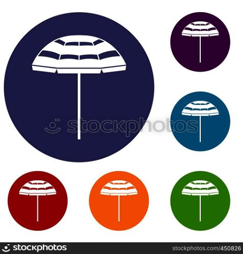 Beach umbrella icons set in flat circle reb, blue and green color for web. Beach umbrella icons set