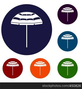 Beach umbrella icons set in flat circle reb, blue and green color for web. Beach umbrella icons set