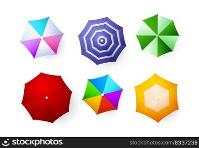Beach umbrellas set. Top view, bright colorful umbrellas. Seaside concept Realistic vector illustration can be used for vacation, sun, sunshade, safety
