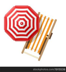 beach umbrellas top view on white background. Sunbed for relaxation and umbrella for sun protection. Vector illustration in flat style. beach umbrellas top view on white background.