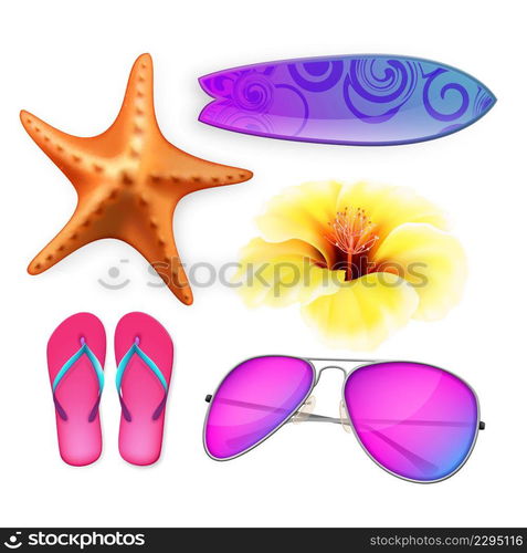 Beach Vacation Accessories And Nature Set Vector. Sleepers, Sunglasses And Surfer Surfboard For Active Resting On Beach. Starfish And Aromatic Flower Bud Template Realistic 3d Illustrations. Beach Vacation Accessories And Nature Set Vector