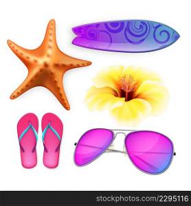 Beach Vacation Accessories And Nature Set Vector. Sleepers, Sunglasses And Surfer Surfboard For Active Resting On Beach. Starfish And Aromatic Flower Bud Template Realistic 3d Illustrations. Beach Vacation Accessories And Nature Set Vector