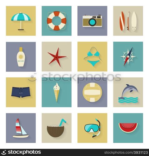 Beach vacation and travel flat icons set vector graphic illustration. Beach vacation and travel flat icons set with shadows