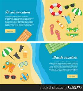 Beach vacation conceptual web banners. Flat style vector. Summer leisure on seacoast. Entertainments on sea shore. Horizontal illustration for travel company landing page, corporate site design. Beach Vacation Flat Design Vector Web Banners. Beach Vacation Flat Design Vector Web Banners