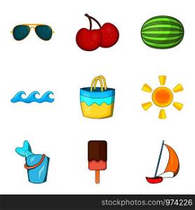 Beach vacation icons set. Cartoon set of 9 beach vacation vector icons for web isolated on white background. Beach vacation icons set, cartoon style