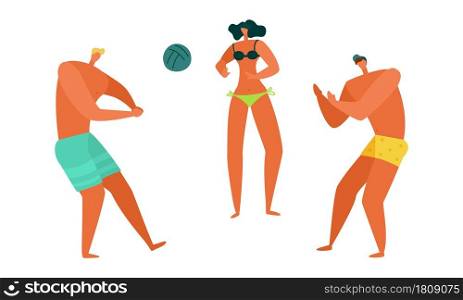 Beach vacation people. Summer sea ocean family relax and playing sports, people sunbathing, fun characters in swimsuits, beach volleyball. Vector cartoon flat style isolated on white illustration. Beach vacation people. Summer sea ocean family relax and playing sports, people sunbathing, fun characters in swimsuits, beach volleyball. Vector cartoon flat style isolated illustration