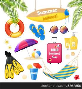 Beach Vacation Realistic Items Set . Summer holidays tropical beach vacation accessories realistic images set with surfboard suncream lifebuoy and fins vector illustration