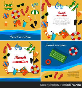 Beach Vacation Vector Concept in Flat Style Design. Beach vacation vector concept with place for text. Leisure on seacoast. Coastline with stuff for summer resting and entertainment on sand. For travel company ad, vacation concept, web design